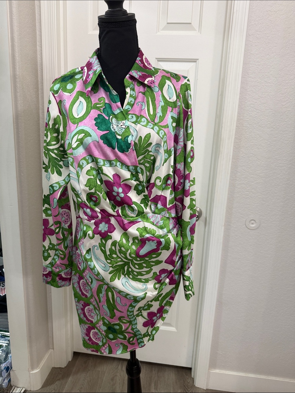 Mango Pink, Green and White Floral Wrap Dress